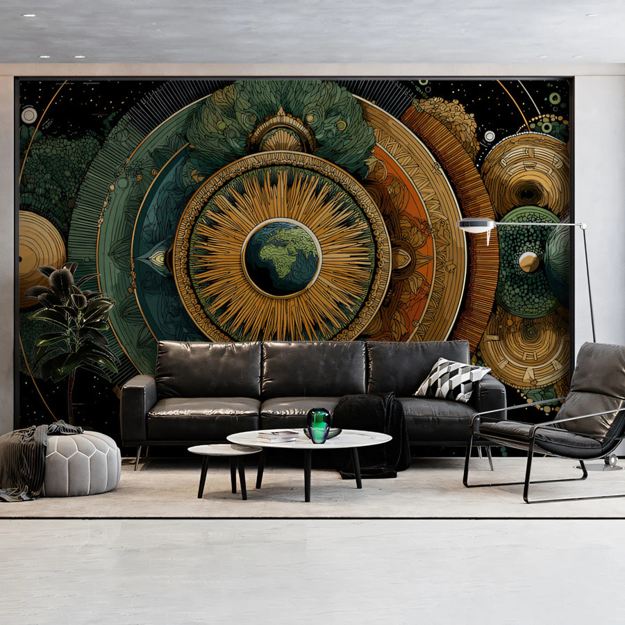 Mandala Wallpaper Mural – Zen Pattern Wall Mural – Cosmic Mandala — Earth Toned Geometric Symmetry