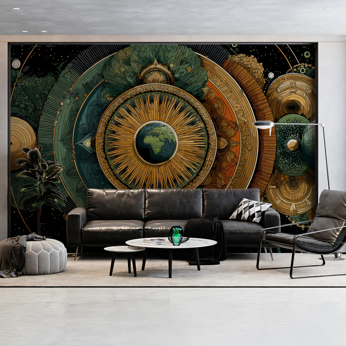Cosmic Mandala Mural Wallpaper — Earth Toned Geometric Symmetry Mural Wallpaper - room preview 02