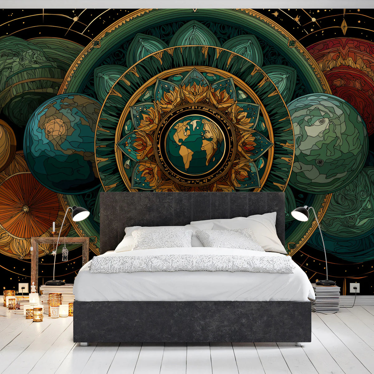 Celestial Mandala Mural Wallpaper — Earthy Cosmic Geometry Mural Wallpaper - room preview 02