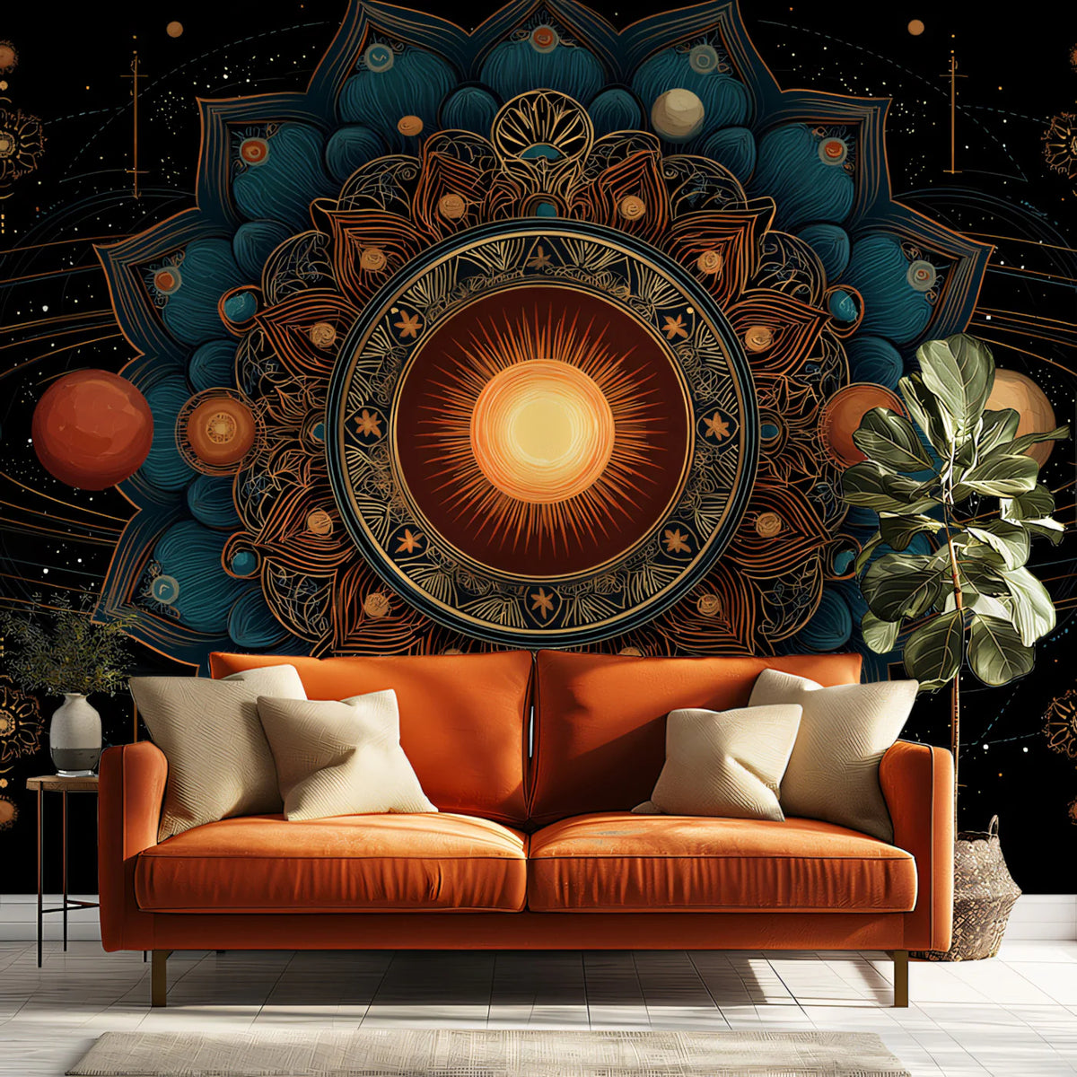 Celestial Lotus Mandala Mural Wallpaper — Deep Teal and Gold Orbits Mural Wallpaper - room preview 02