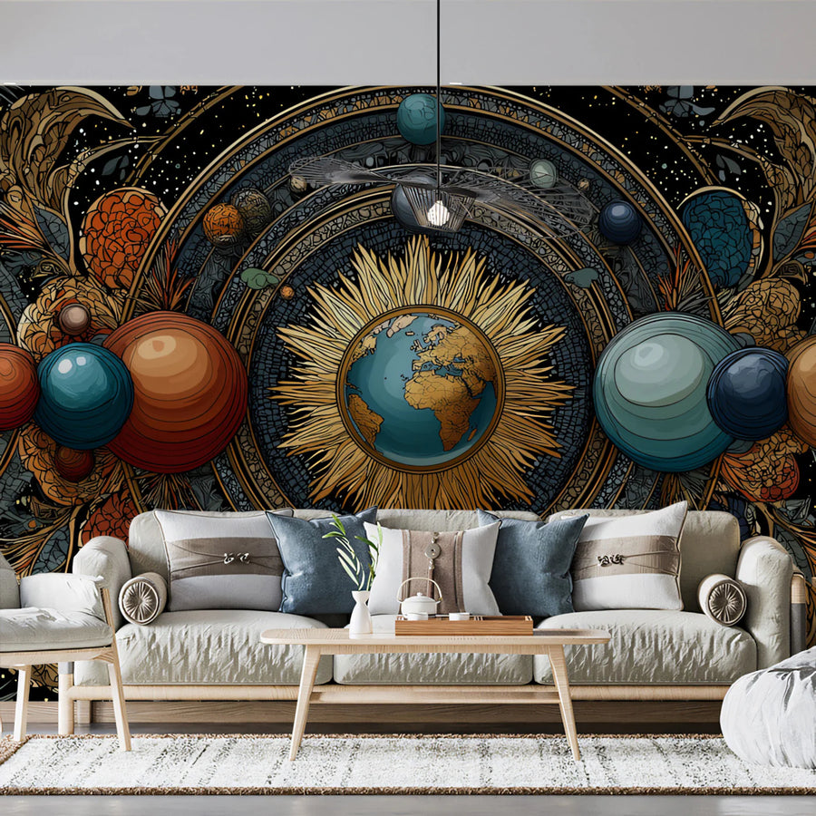 Solar System Wallpaper Mural – Planet Wall Mural – Celestial Orbits — Ornate Solar System Motif