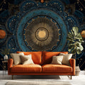 Celestial Mandala Mural Wallpaper — Deep Navy and Gold Astronomy Mural Wallpaper - room preview 02
