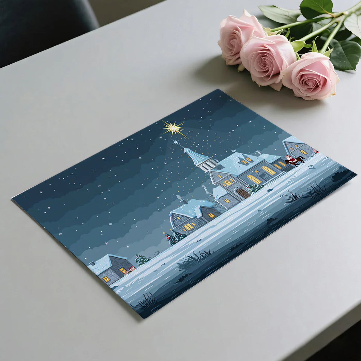 Snowy Village Night Mural Wallpaper — Festive Holiday Illustration Mural Wallpaper - room preview 02