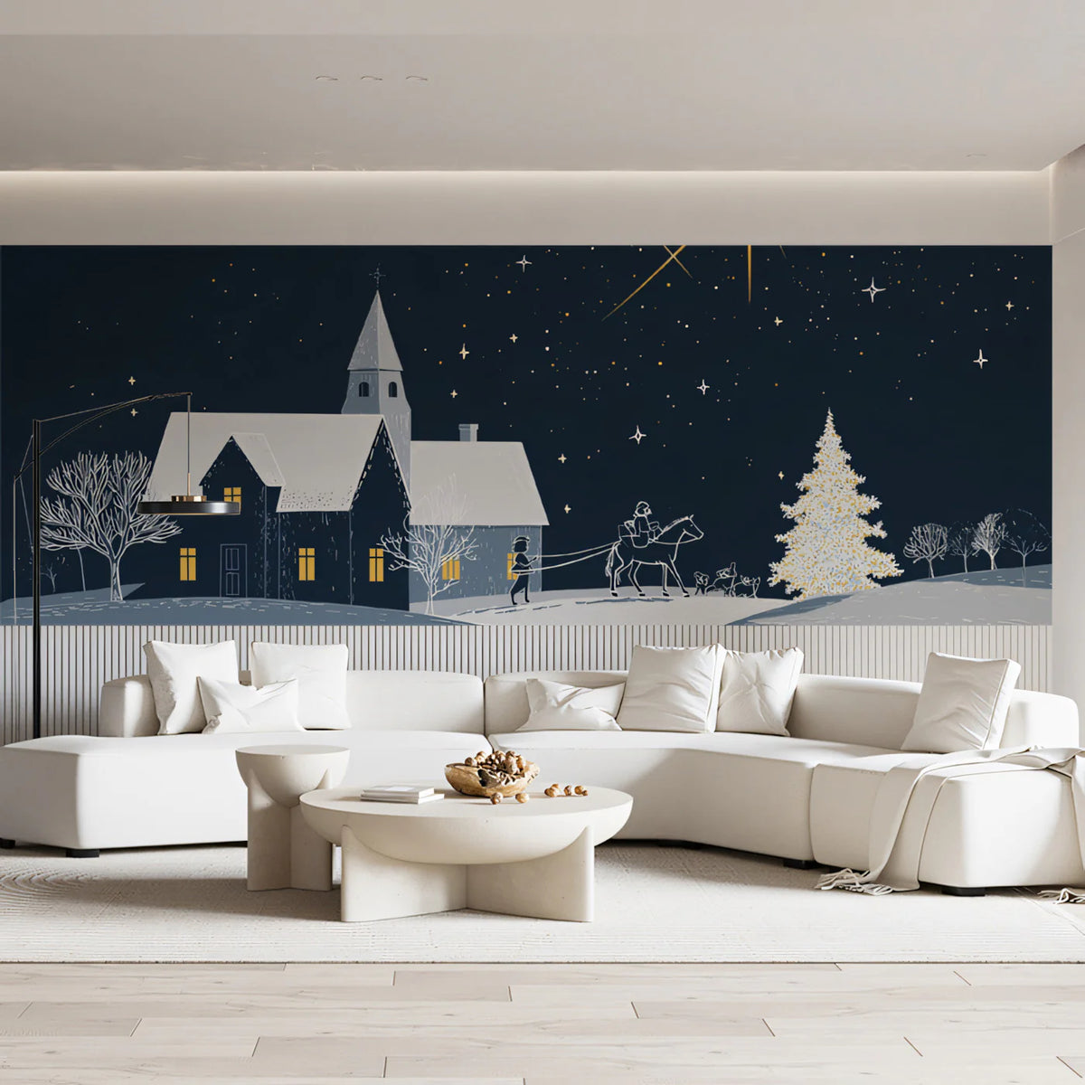 Starry Winter Village Mural Wallpaper — Midnight Blue Night Scene Mural Wallpaper - room preview 02