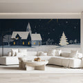 Starry Winter Village Mural Wallpaper — Midnight Blue Night Scene Mural Wallpaper - room preview 02