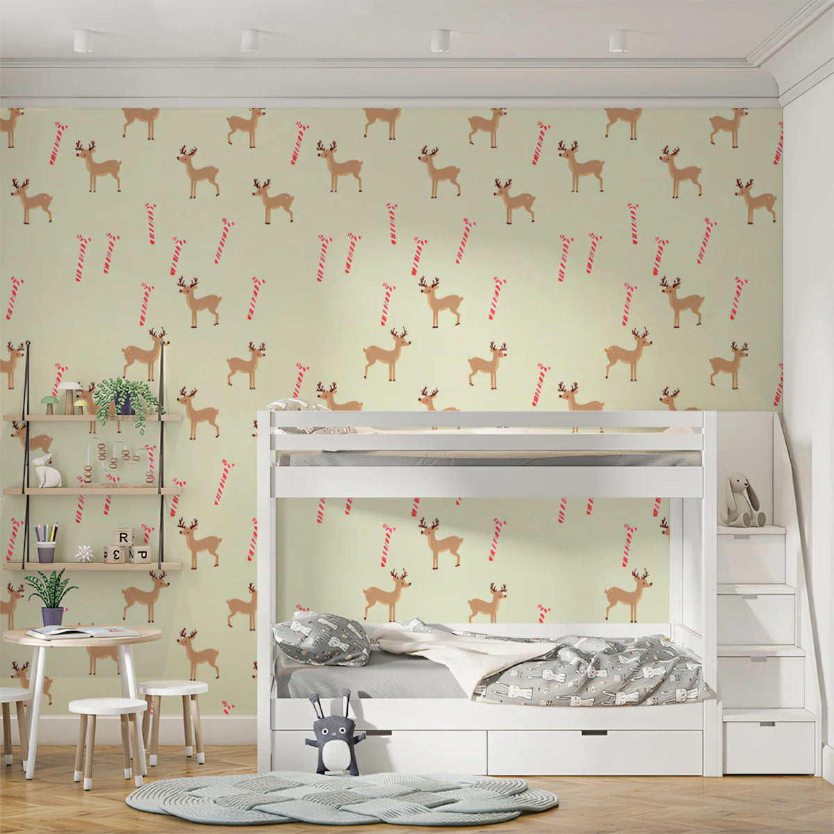 Minimalist Reindeer and Candy Cane Mural Wallpaper - room preview 02
