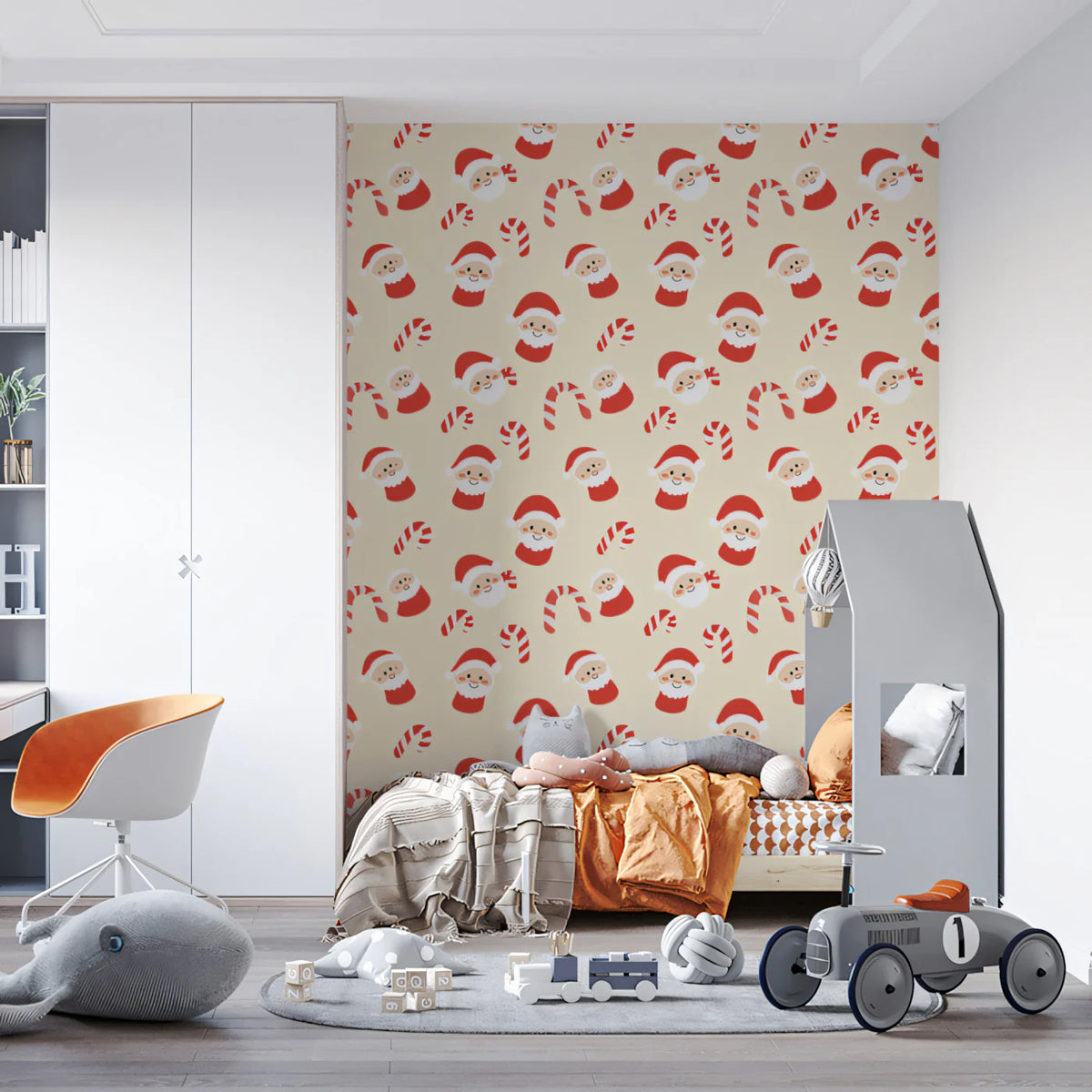Santa and Candy Cane Mural Wallpaper — Festive Cream Pattern Mural Wallpaper - room preview 02