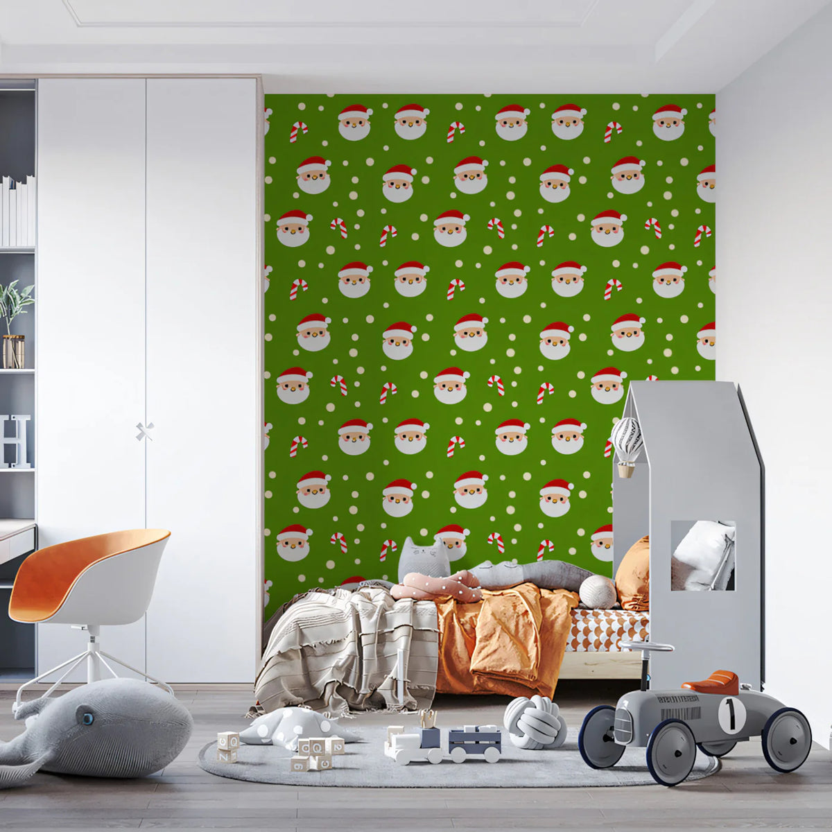Merry Santa & Candy Cane Mural Wallpaper — Festive Holiday Green Mural Wallpaper - room preview 02
