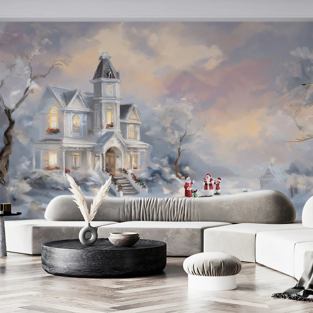 Winter Victorian Mansion Mural Wallpaper — Impressionistic Scene Mural Wallpaper - room preview 02