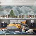 Snowy Christmas Gathering Mural Wallpaper — Artistic Winter Scene Mural Wallpaper - room preview 02