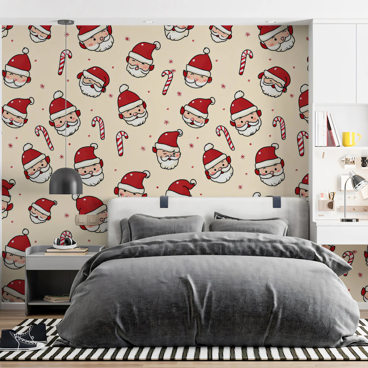 Santa and Candy Cane Mural Wallpaper — Whimsical Holiday Pattern Mural Wallpaper - room preview 02