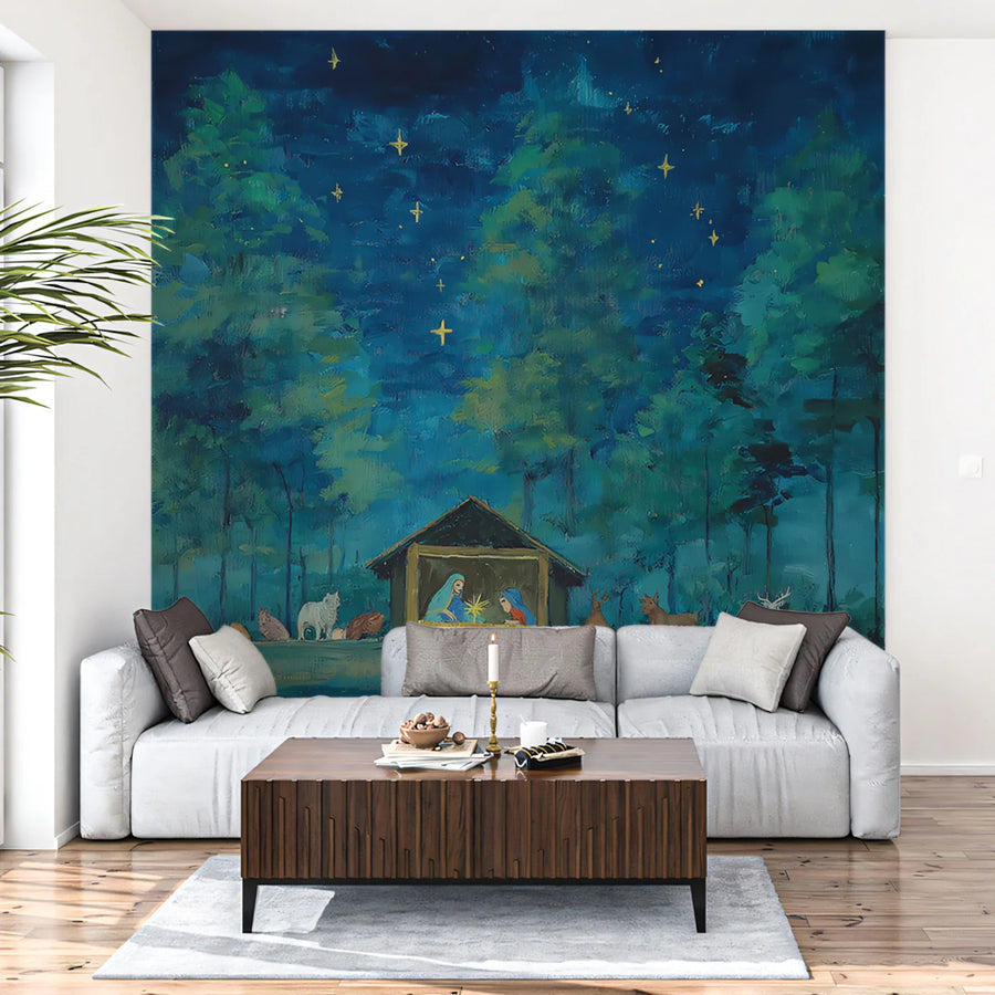 Forest Wallpaper Mural – Woodland Wall Mural – Starry Night Nativity Scene — Artistic Forest Oil Art