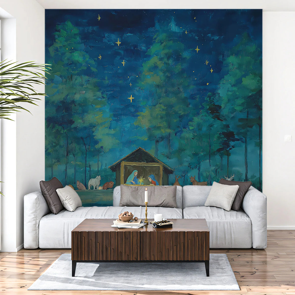 Starry Night Nativity Scene Mural Wallpaper — Artistic Forest Oil Art Mural Wallpaper - room preview 02