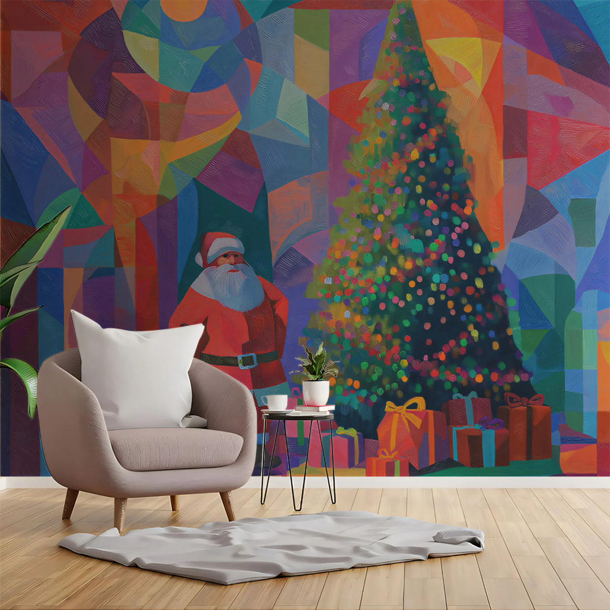 Cubist Holiday Santa Mural Wallpaper — Expressionist Festive Art Mural Wallpaper - room preview 02