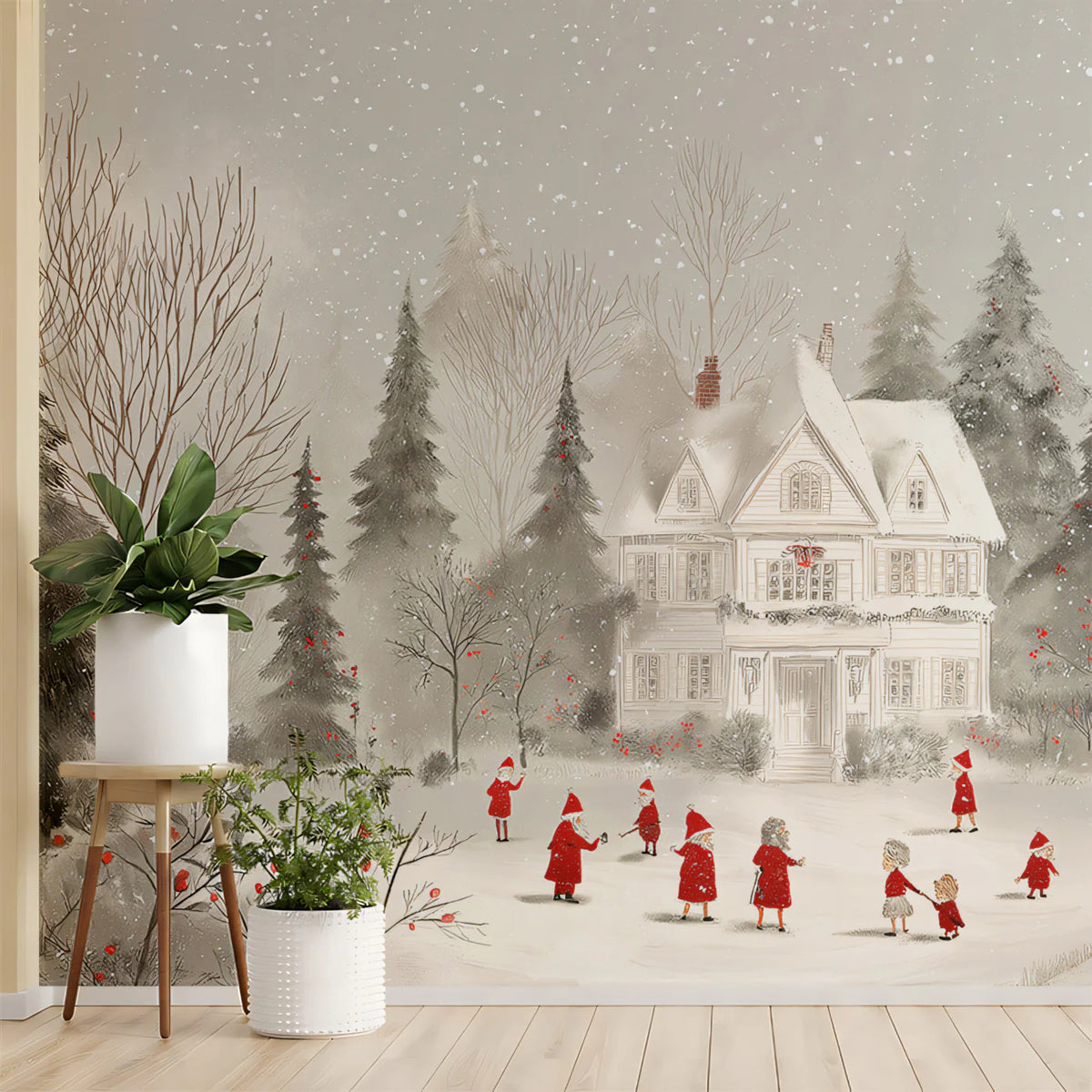 Snowy Victorian Mansion Illustration Mural Wallpaper - room preview 02