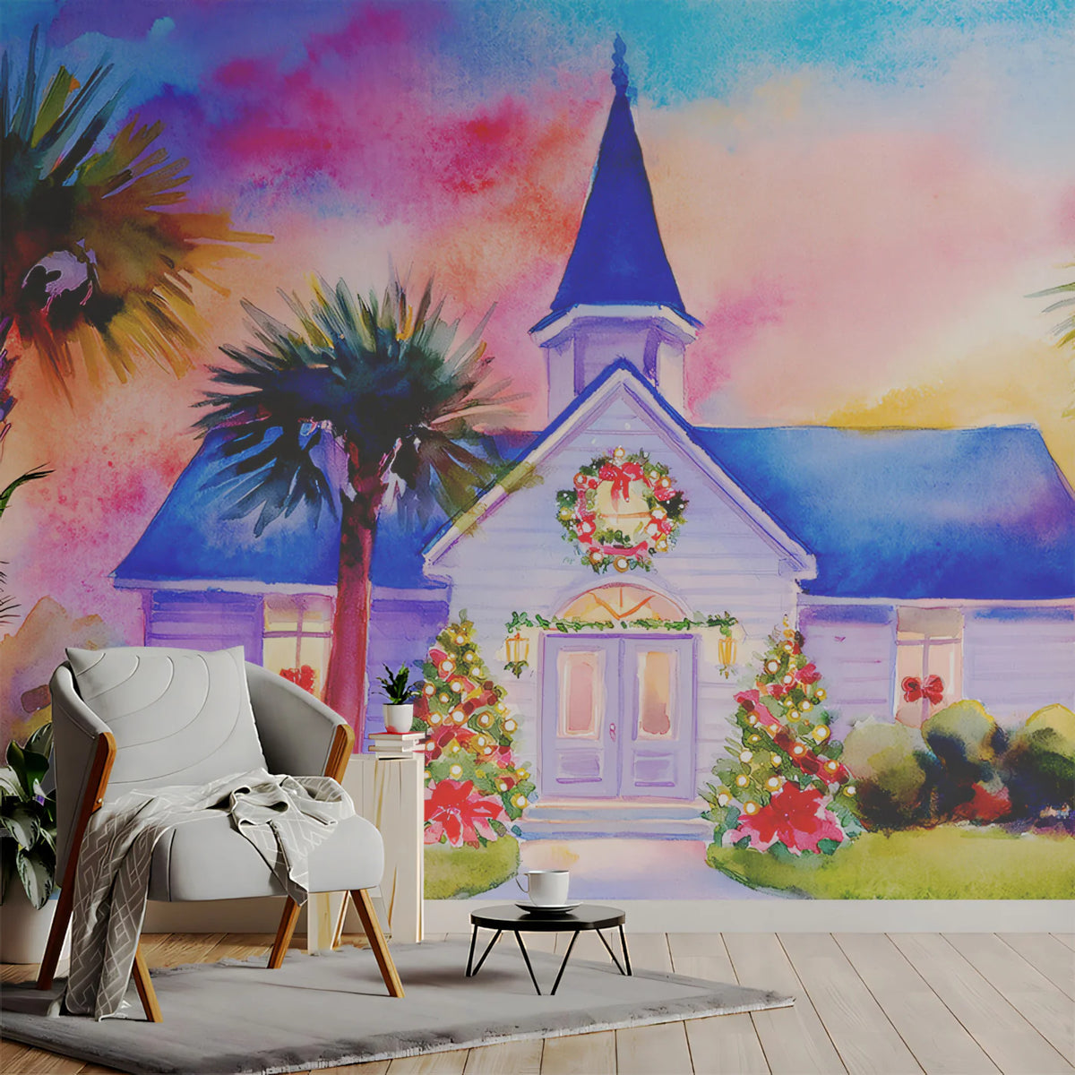 Tropical Christmas Church Watercolor Mural Wallpaper - room preview 02