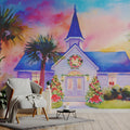 Tropical Christmas Church Watercolor Mural Wallpaper - room preview 02