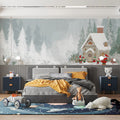 Winter Forest Cabin Illustration Mural Wallpaper - room preview 02
