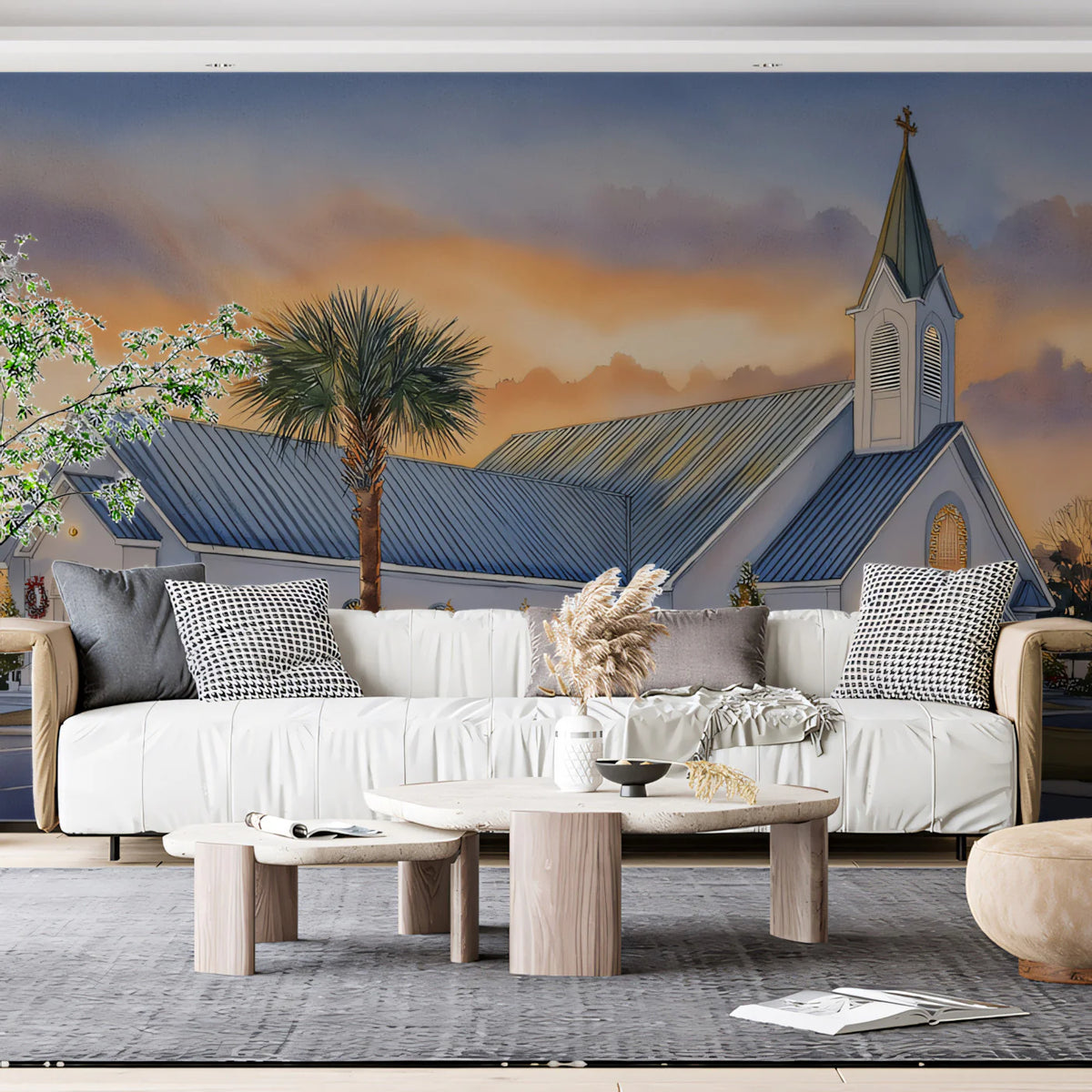 Coastal Church Sunset Mural Wallpaper — Warm Watercolor Landscape Mural Wallpaper - room preview 02
