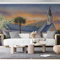 Coastal Church Sunset Mural Wallpaper — Warm Watercolor Landscape Mural Wallpaper - room preview 02