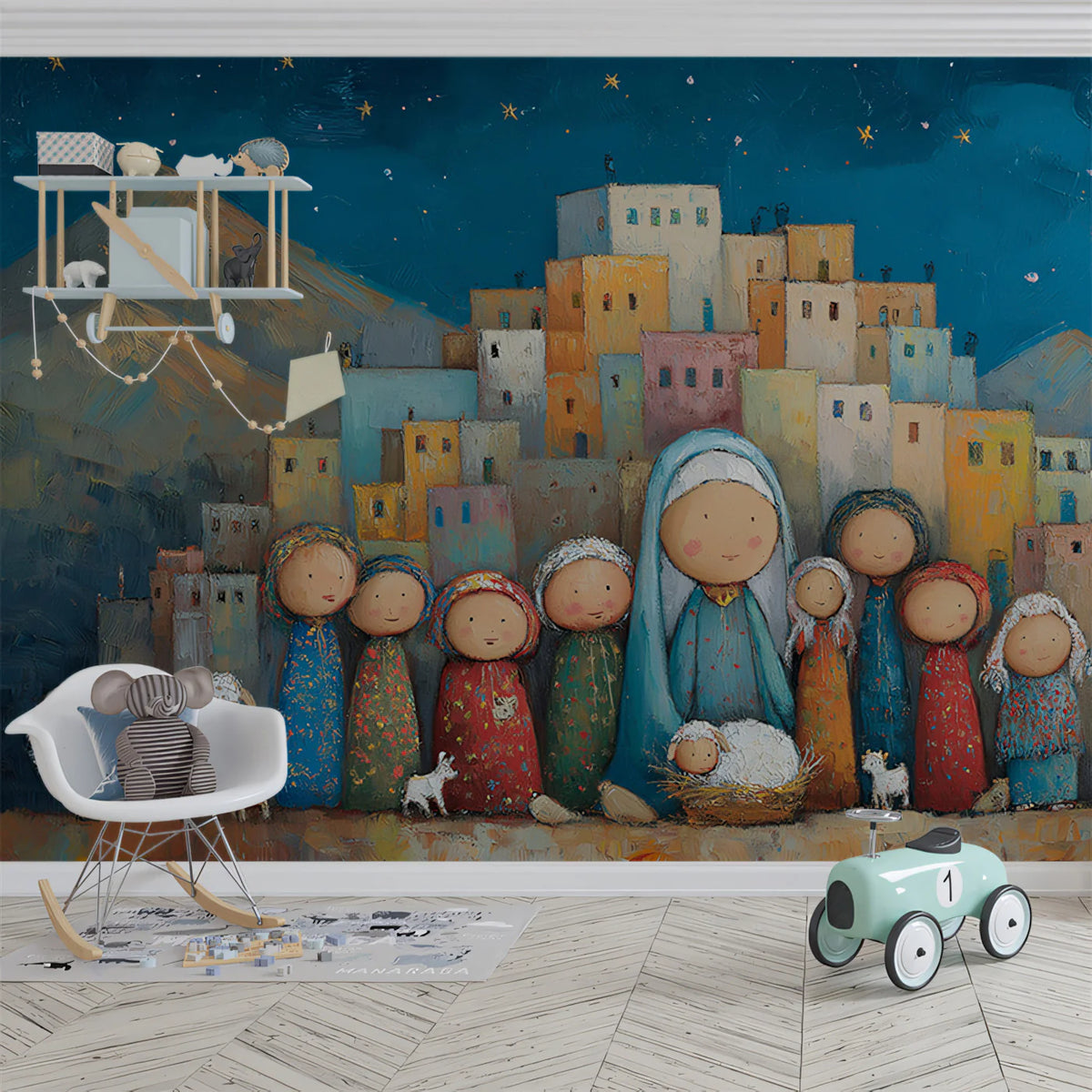 Stylized Folk Art Nativity Scene Mural Wallpaper Whimsical Townscape Mural Wallpaper - room preview 02