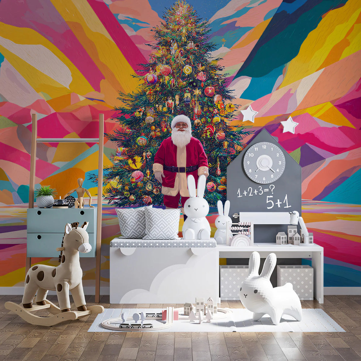 Abstract Holiday Santa and Christmas Tree Mural Wallpaper - room preview 02