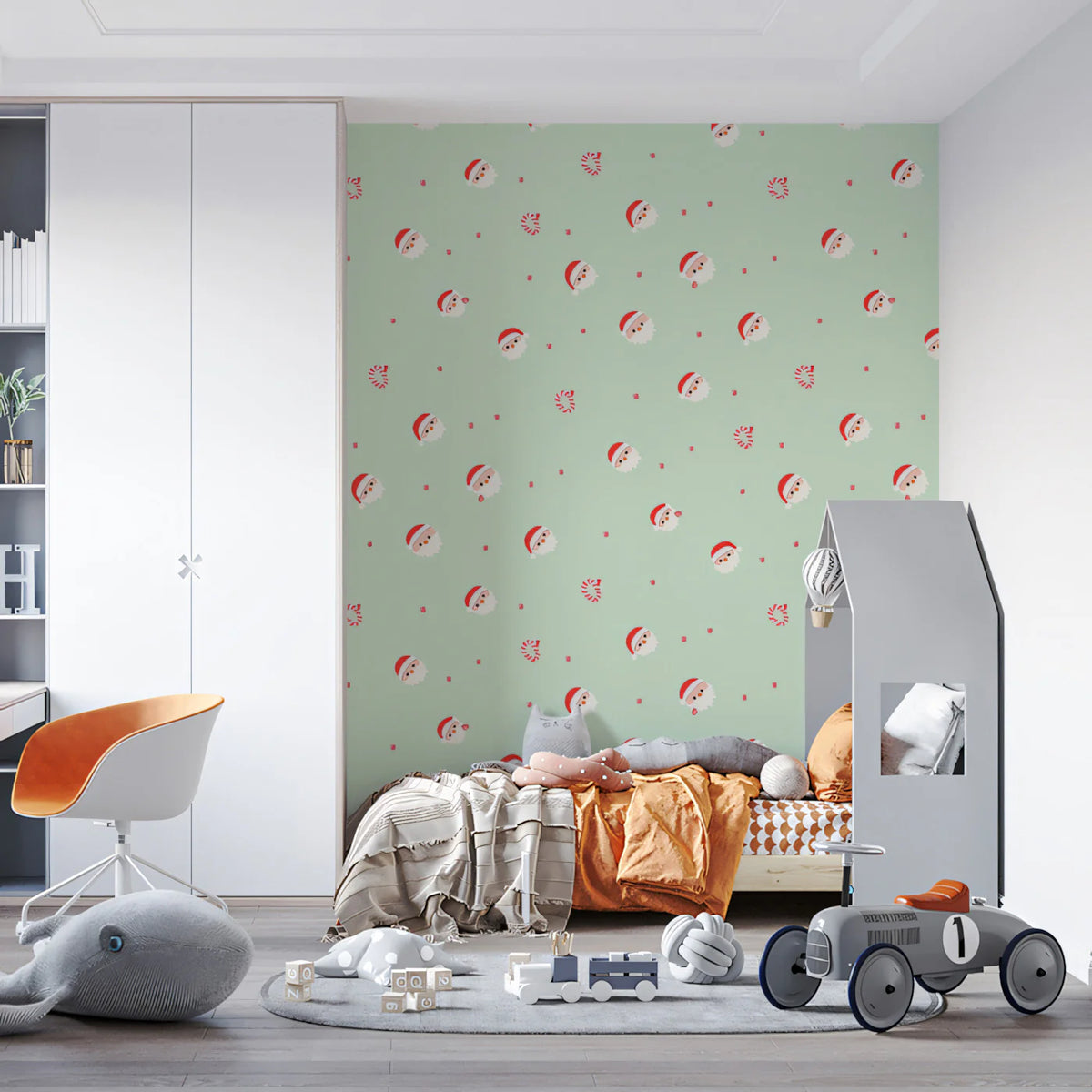 Minimalist Santa and Candy Swirl Mural Wallpaper — Soft Mint Green Mural Wallpaper - room preview 02