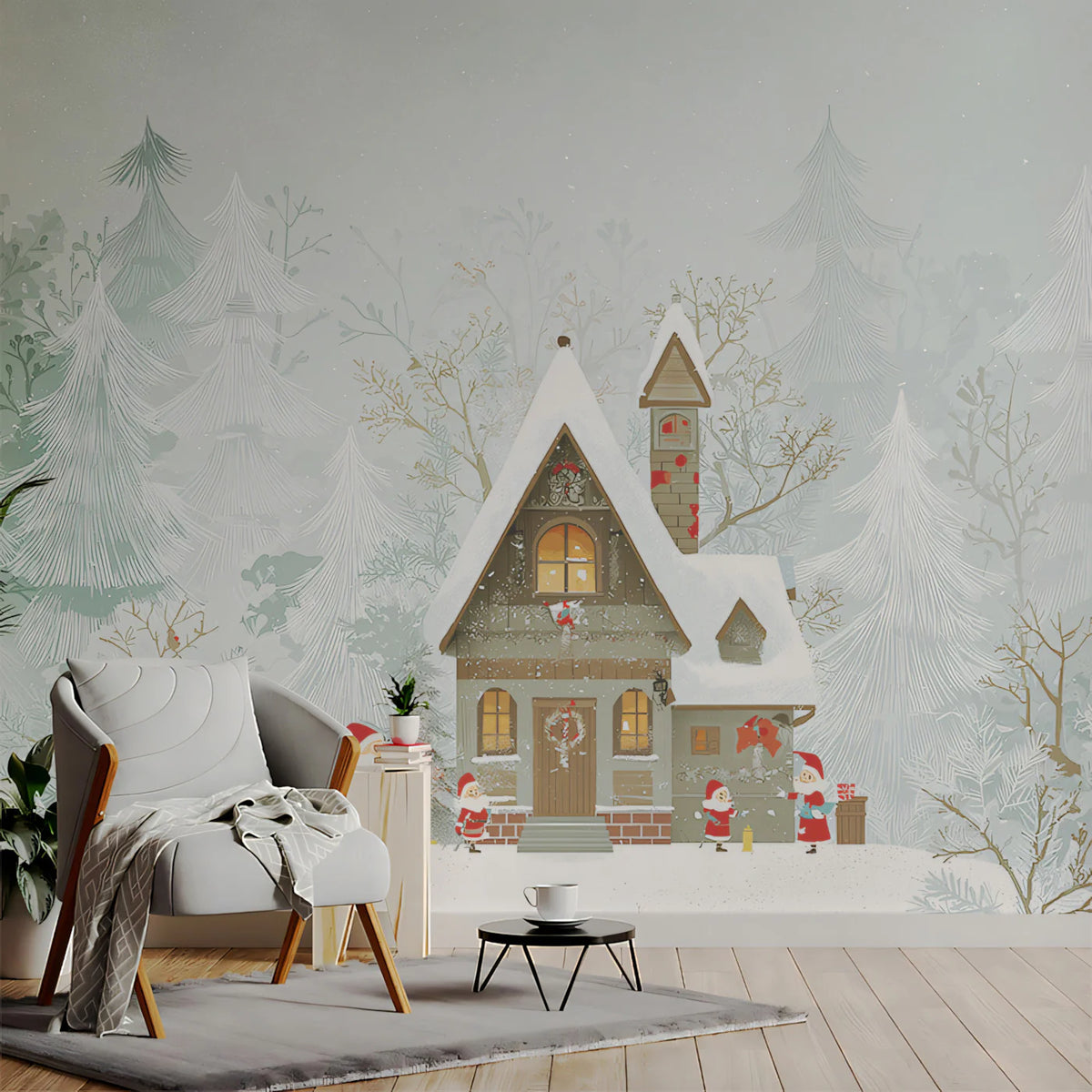 Snowy Cabin Woodland Mural Wallpaper — Whimsical Winter Illustration Mural Wallpaper - room preview 02