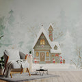 Snowy Cabin Woodland Mural Wallpaper — Whimsical Winter Illustration Mural Wallpaper - room preview 02