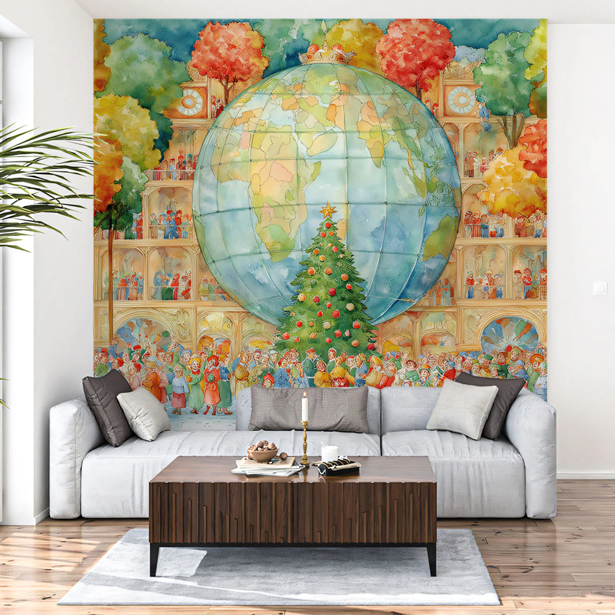 Global Holiday Celebration Mural Wallpaper — Whimsical Watercolor Art Mural Wallpaper - room preview 02