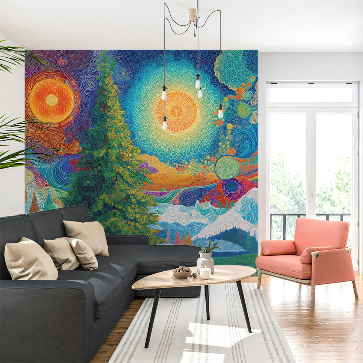 Cosmic Sun Mandala Mural Wallpaper — Vibrant Psychedelic Landscape Mural Wallpaper - room preview 02