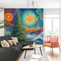 Cosmic Sun Mandala Mural Wallpaper — Vibrant Psychedelic Landscape Mural Wallpaper - room preview 02