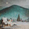 Winter Mountain Celebration Mural Wallpaper — Whimsical Teal Scene Mural Wallpaper - room preview 02
