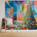 Abstract Geometric Holiday Tree Mural Wallpaper — Vibrant Cubist Art Mural Wallpaper - room preview 02