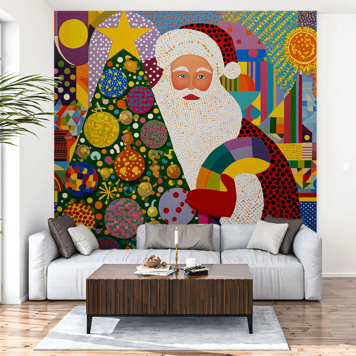 Pop Art Christmas Cityscape Mural Wallpaper — Vibrant Urban Festive Mural Wallpaper - room preview 02