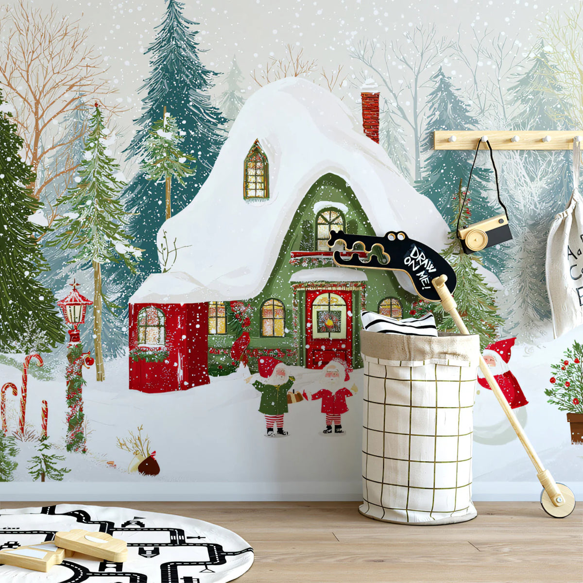 Winter Forest Cottage Mural Wallpaper — Whimsical Holiday Scene Mural Wallpaper - room preview 02