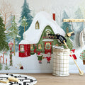 Winter Forest Cottage Mural Wallpaper — Whimsical Holiday Scene Mural Wallpaper - room preview 02
