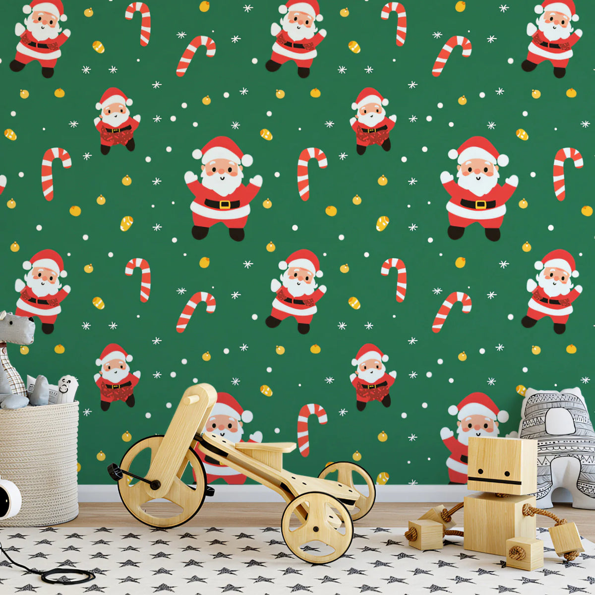 Jolly Santa and Candy Cane Pattern Mural Wallpaper - room preview 02