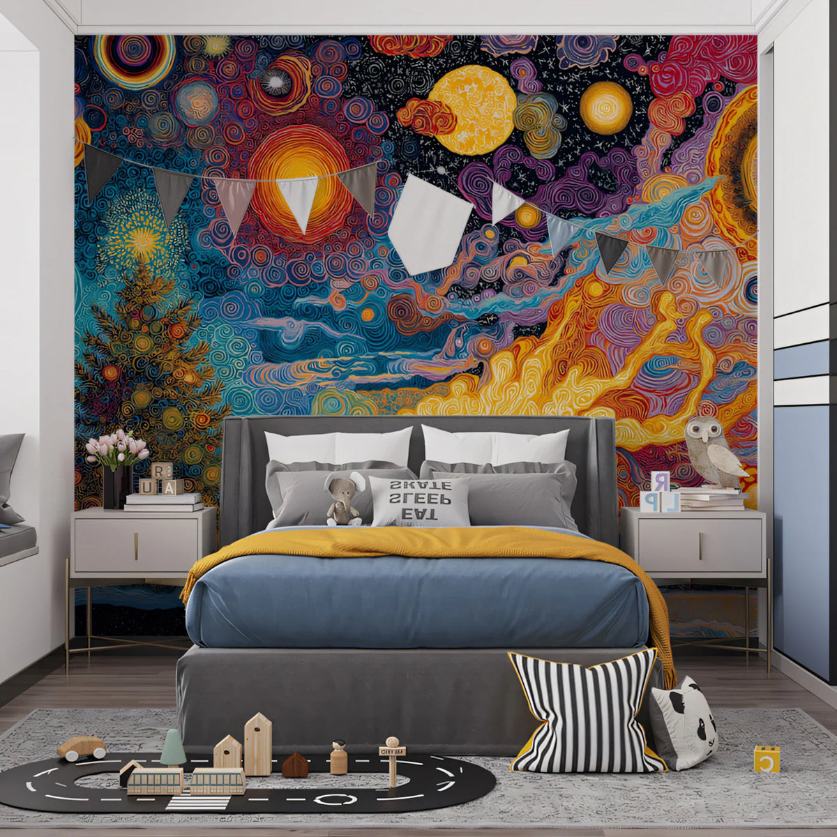 Cosmic Swirl Christmas Mural Wallpaper — Vibrant Psychedelic Art Mural Wallpaper - room preview 02