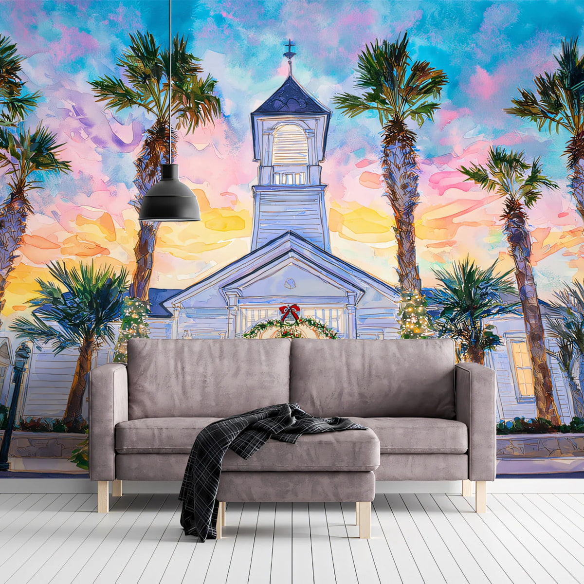 Tropical Coastal Church Mural Wallpaper — Artistic Sunset Scene Mural Wallpaper - room preview 02