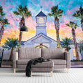 Tropical Coastal Church Mural Wallpaper — Artistic Sunset Scene Mural Wallpaper - room preview 02