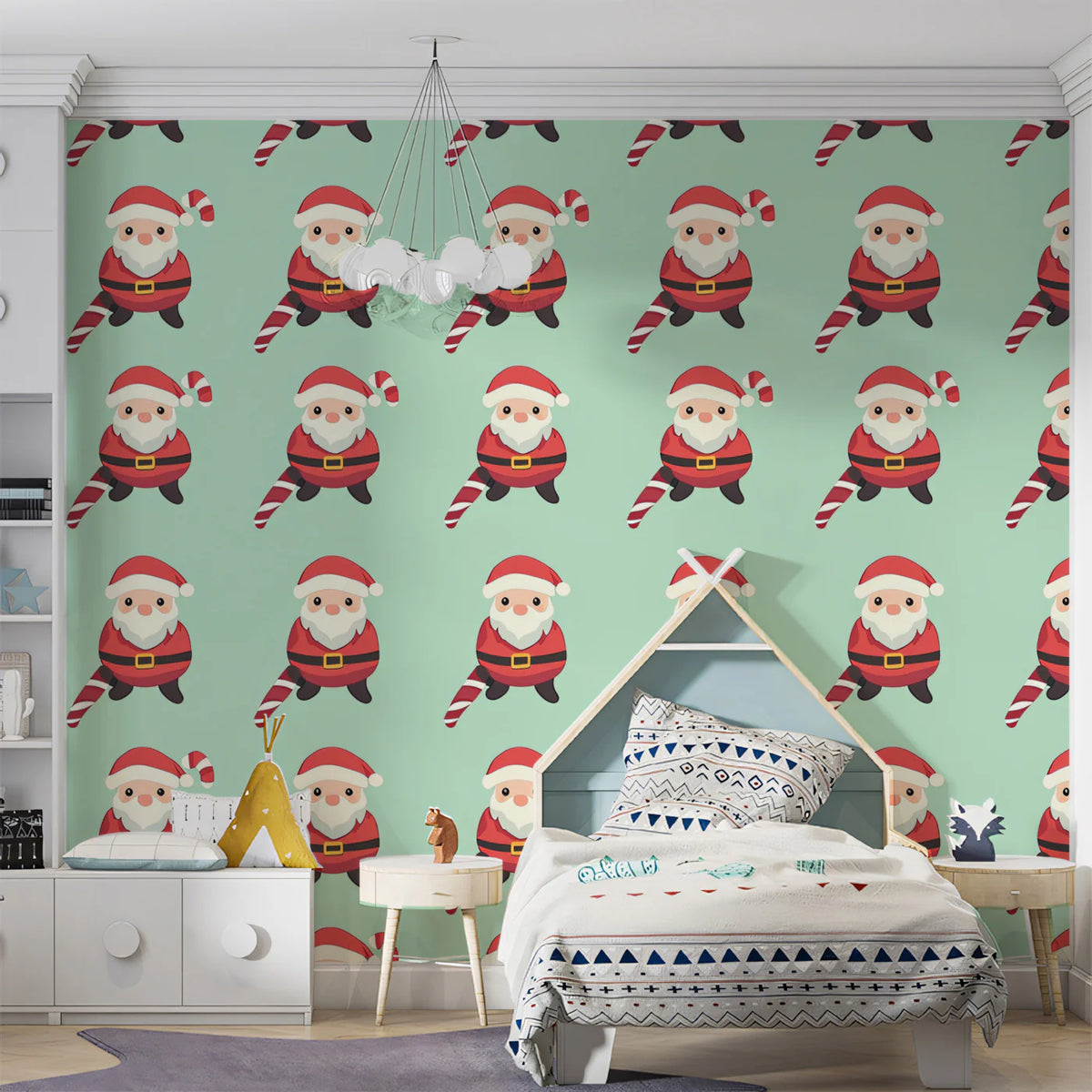 Santa and Candy Cane Grid Mural Wallpaper — Whimsical Holiday Decor Mural Wallpaper - room preview 02