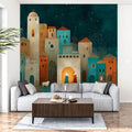 Bethlehem Night Mural Wallpaper — Folk Art Townscape Scene Mural Wallpaper - room preview 02