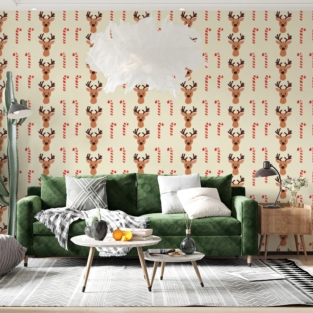 Reindeer and Candy Cane Grid Mural Wallpaper — Whimsical Holiday Mural Wallpaper - room preview 02