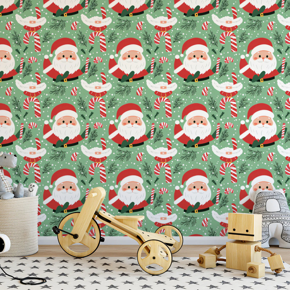 Santa and Candy Cane Christmas Mural Wallpaper — Festive Green Mural Wallpaper - room preview 02