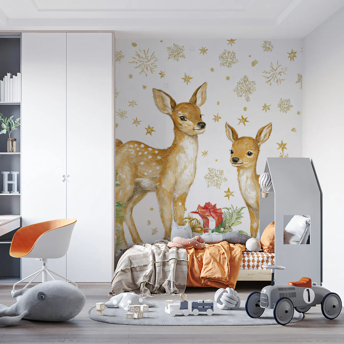 Deer and Holiday Tree Mural Wallpaper — Traditional Festive Scene Mural Wallpaper - room preview 02