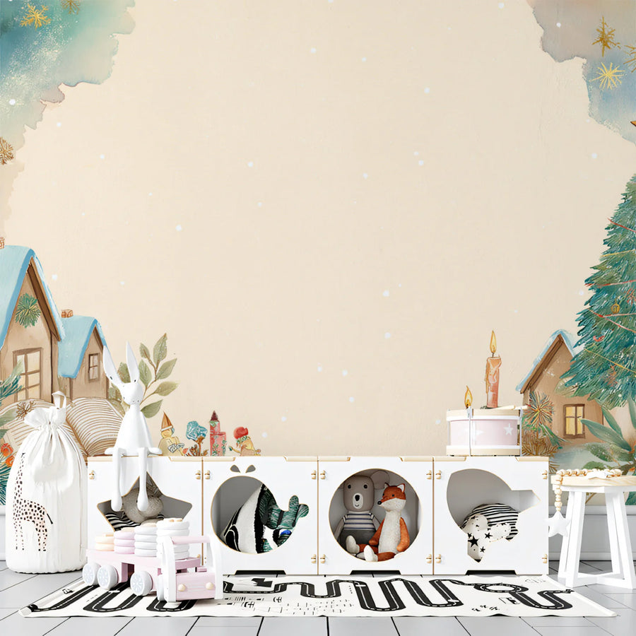 Watercolor Wallpaper Mural – Watercolour Wall Mural – Watercolor Winter Village — Festive Holiday Scenes