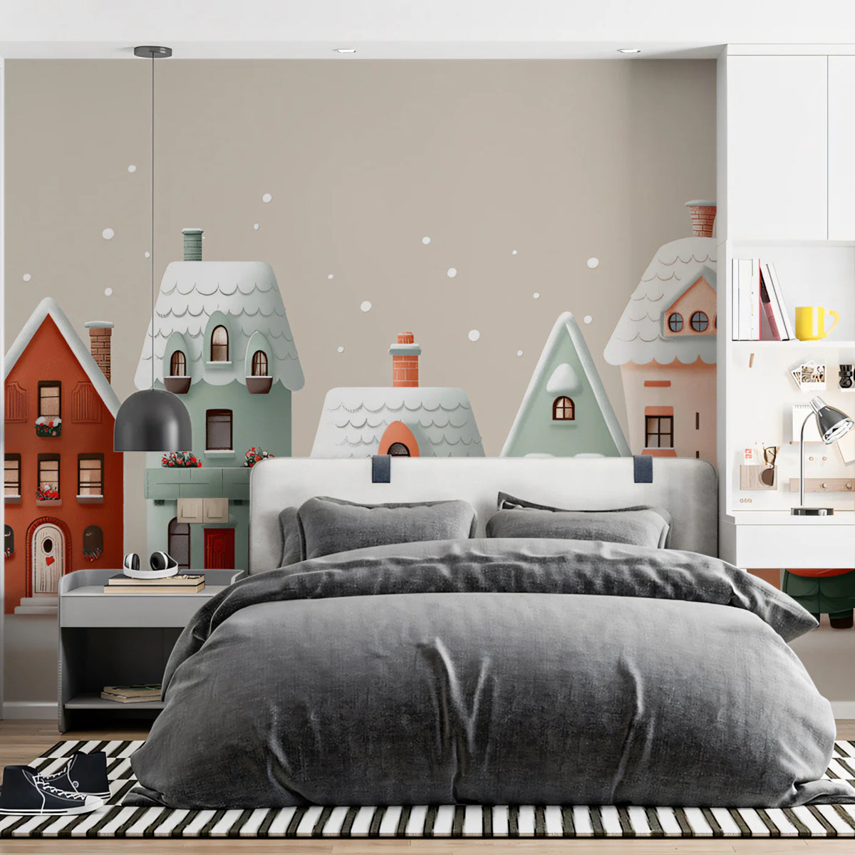 Snowy Village Row House Mural Wallpaper — Whimsical Holiday Charm Mural Wallpaper - room preview 02