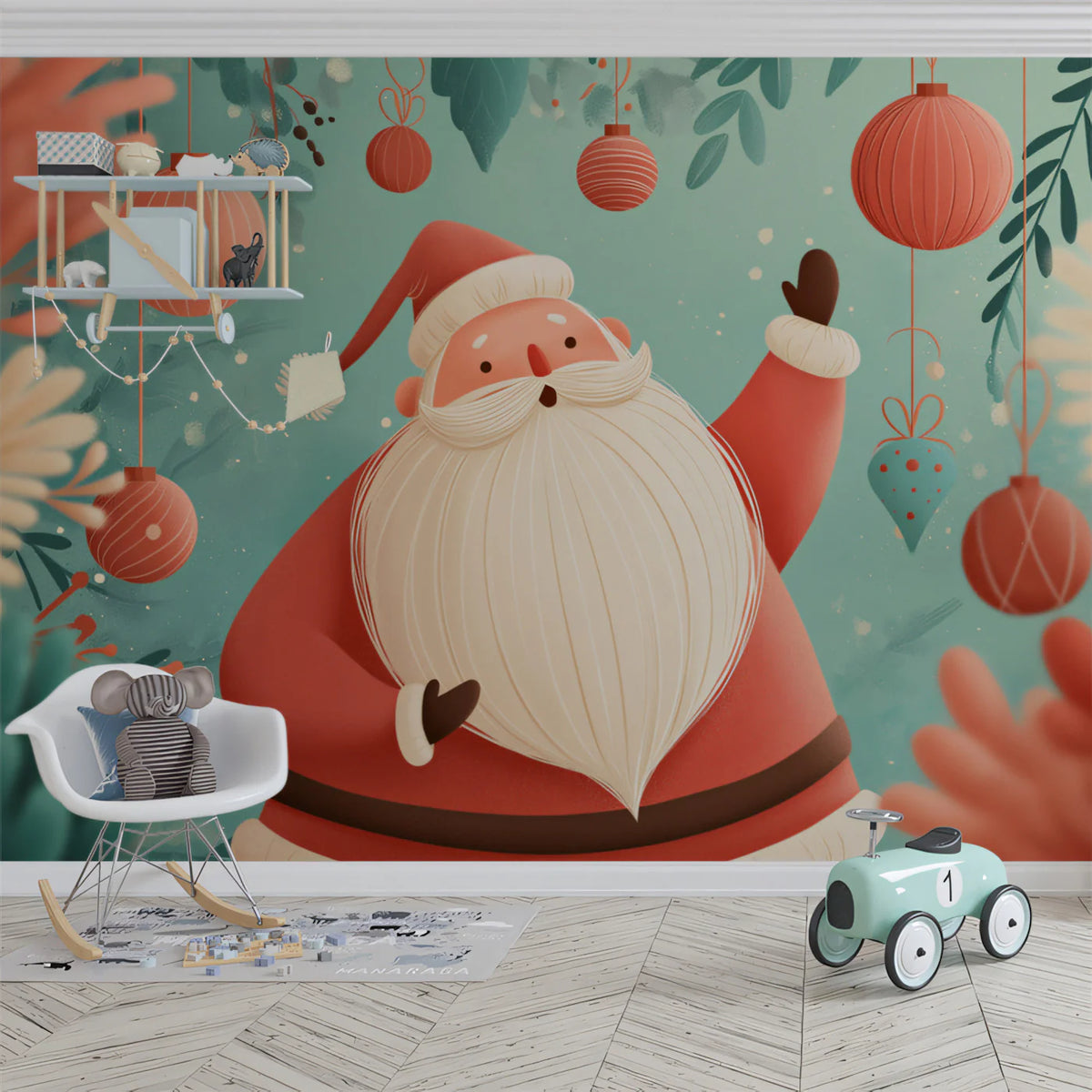 Jolly Santa Illustration Mural Wallpaper — Whimsical Holiday Charm Mural Wallpaper - room preview 02