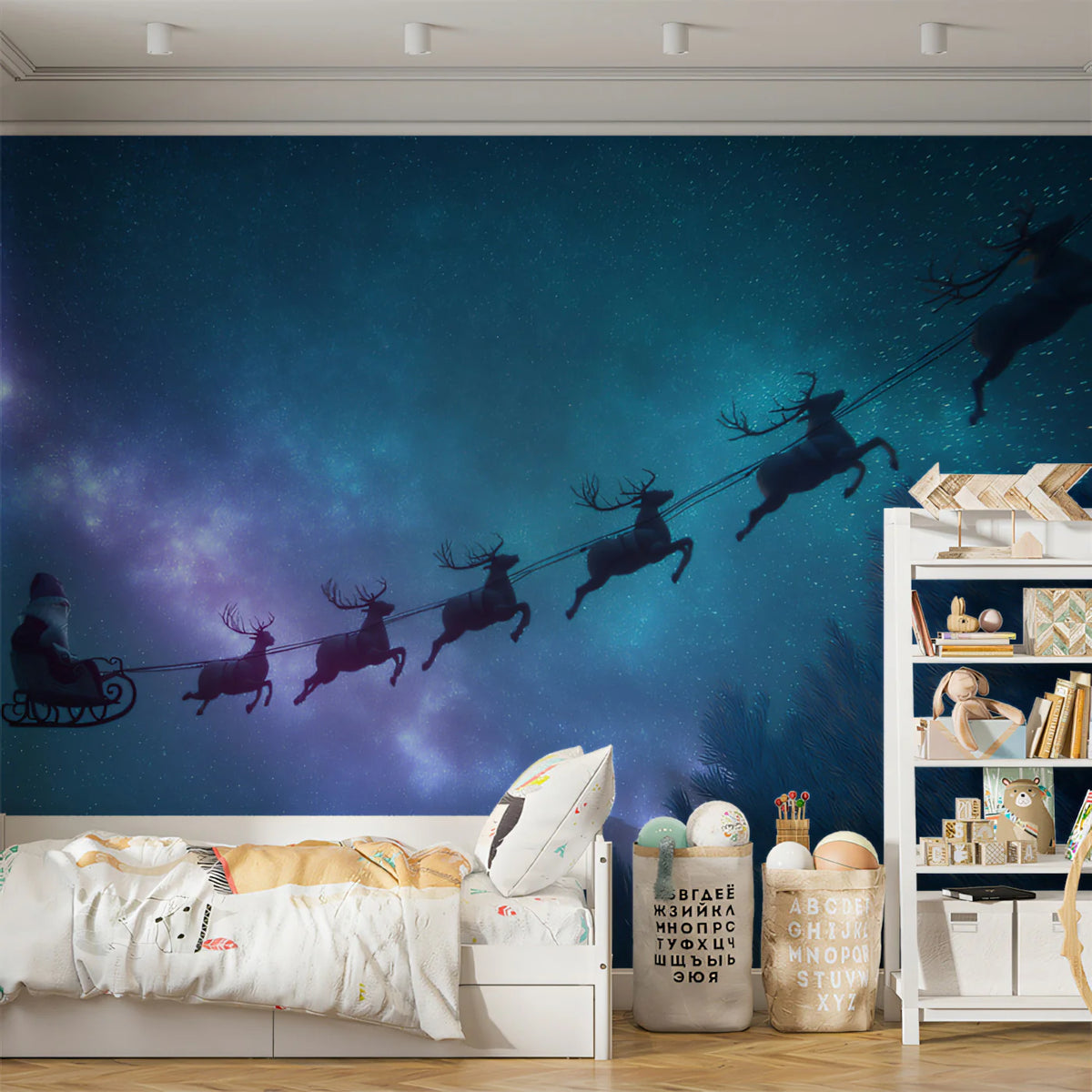 Cosmic Santa Sleigh Ride Mural Wallpaper — Magical Night Sky Mural Wallpaper - room preview 02